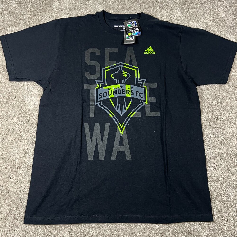 Adidas Mens L Black Seattle Sounders FC MLS Soccer Graphic The Go To T-Shirt NWT